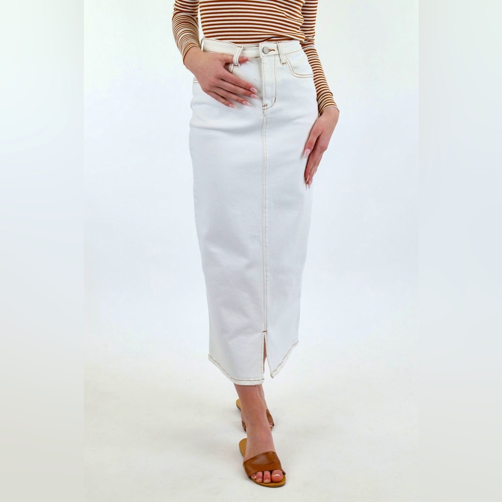White denim front slit maxi skirt.